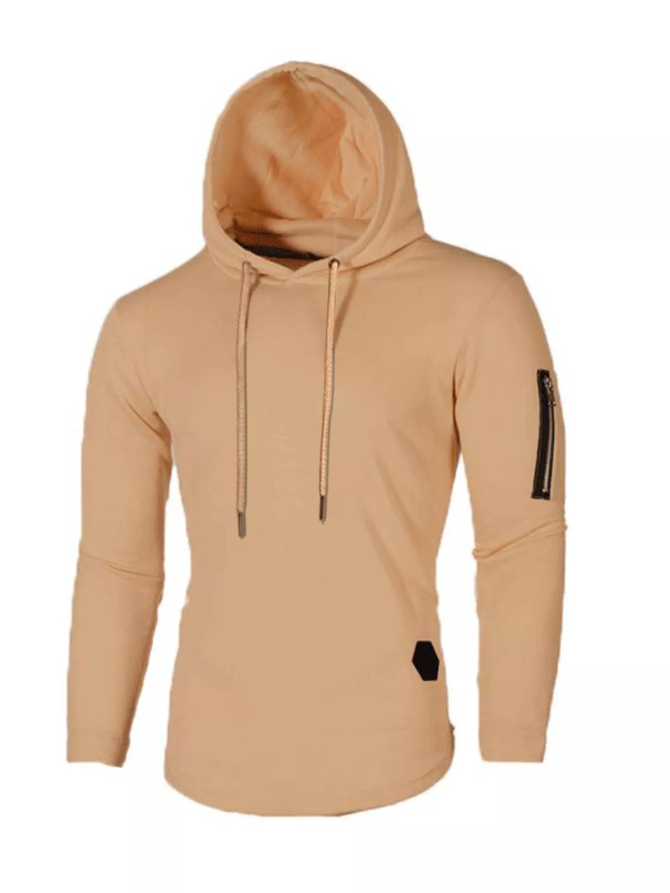 Khaki slim fit long-sleeve hoodie with drawstring and zippered sleeve pocket.