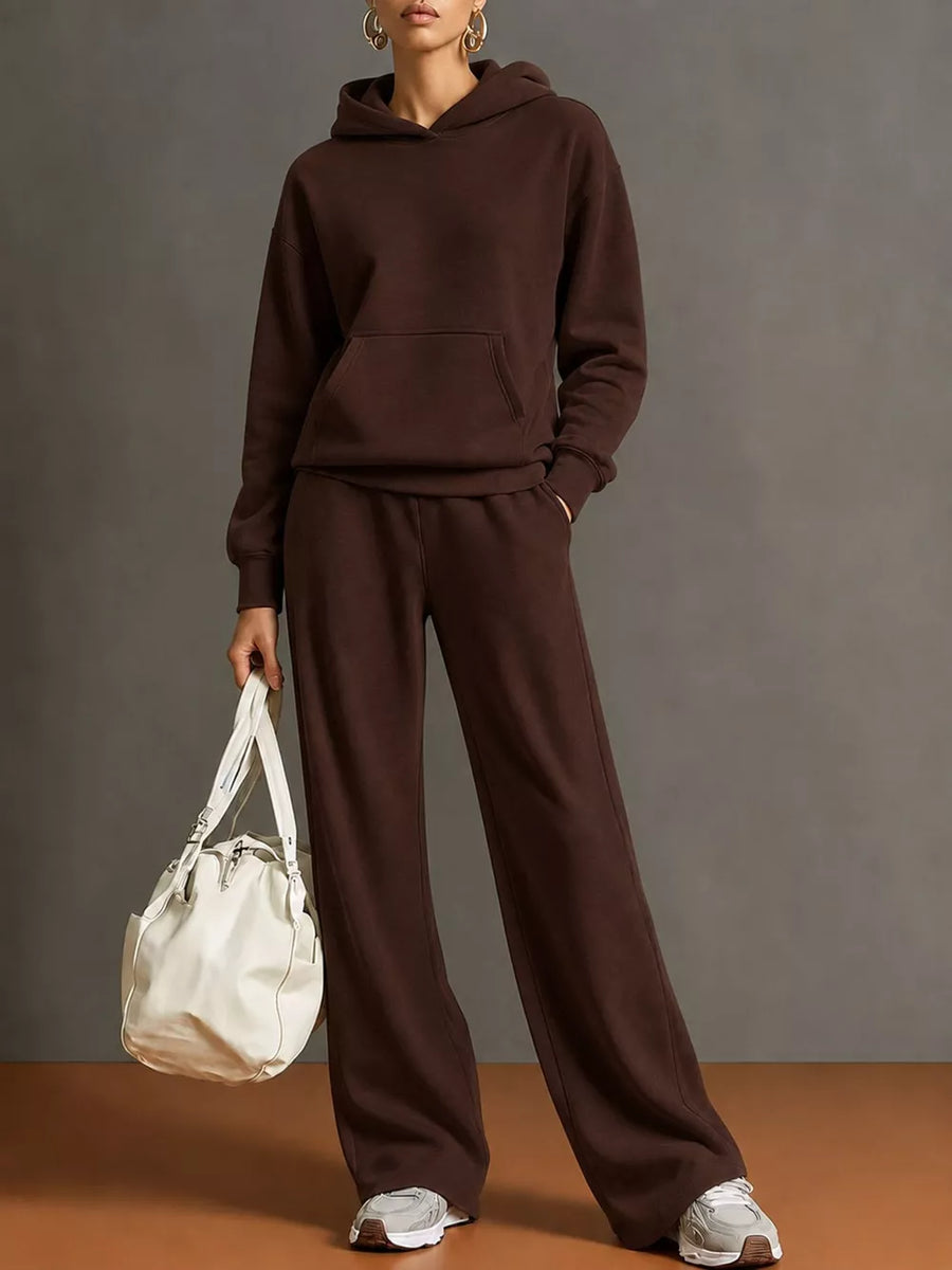 lounge set in light pink with drawstring and full-length