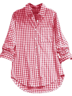 red button-down shirt with gingham and collared