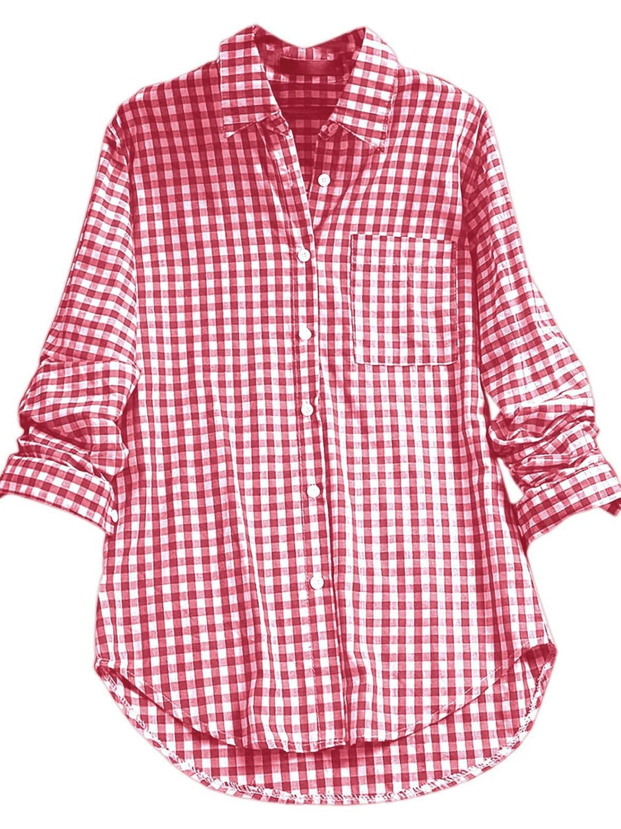 red button-down shirt with gingham and collared