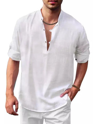 White half-button shirt with mandarin collar and rolled sleeves.