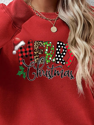 Festive graphic sweatshirt in Deep Red with Merry Christmas text and holiday patterns.