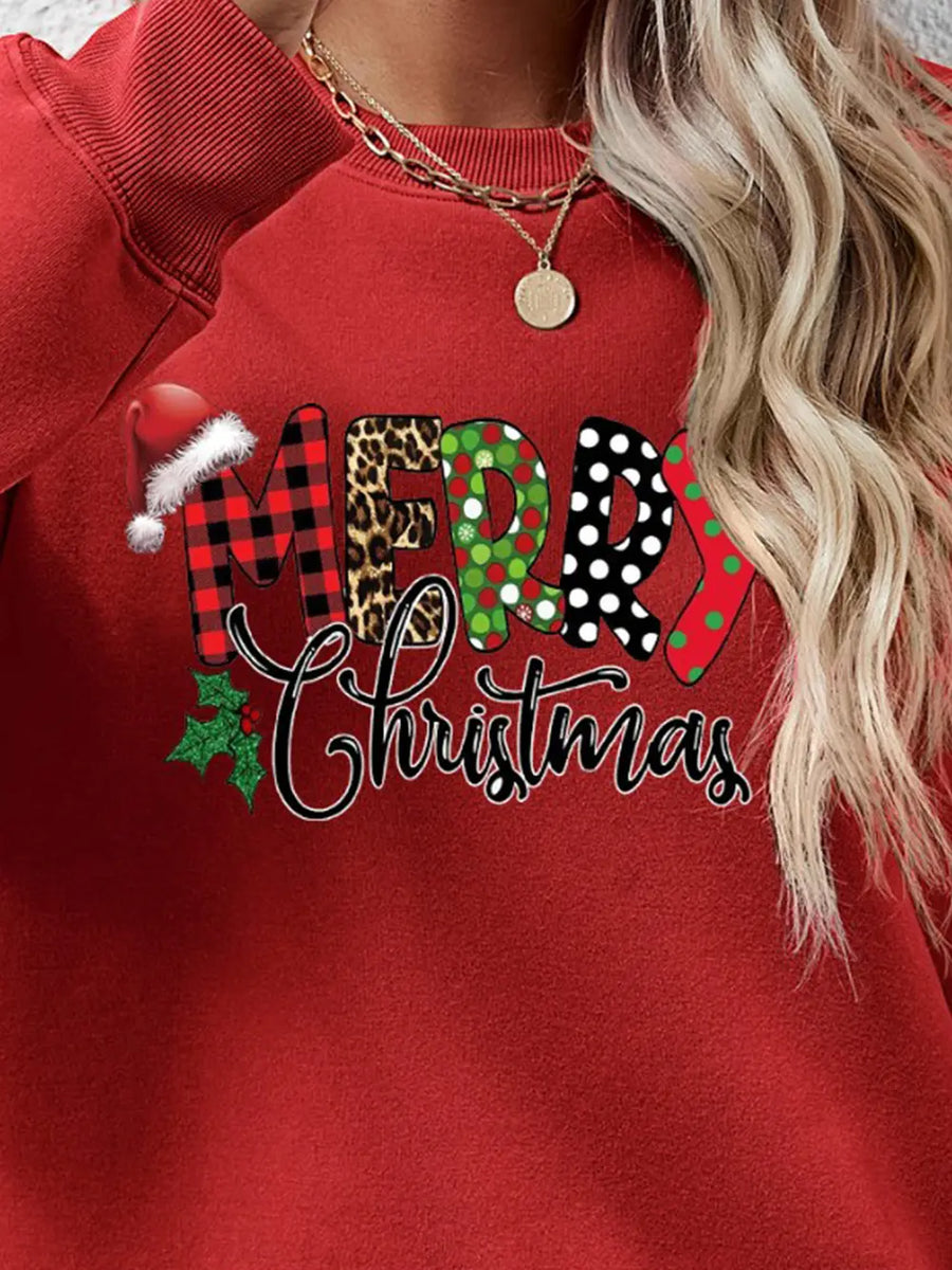 Festive graphic sweatshirt in Deep Red with Merry Christmas text and holiday patterns.