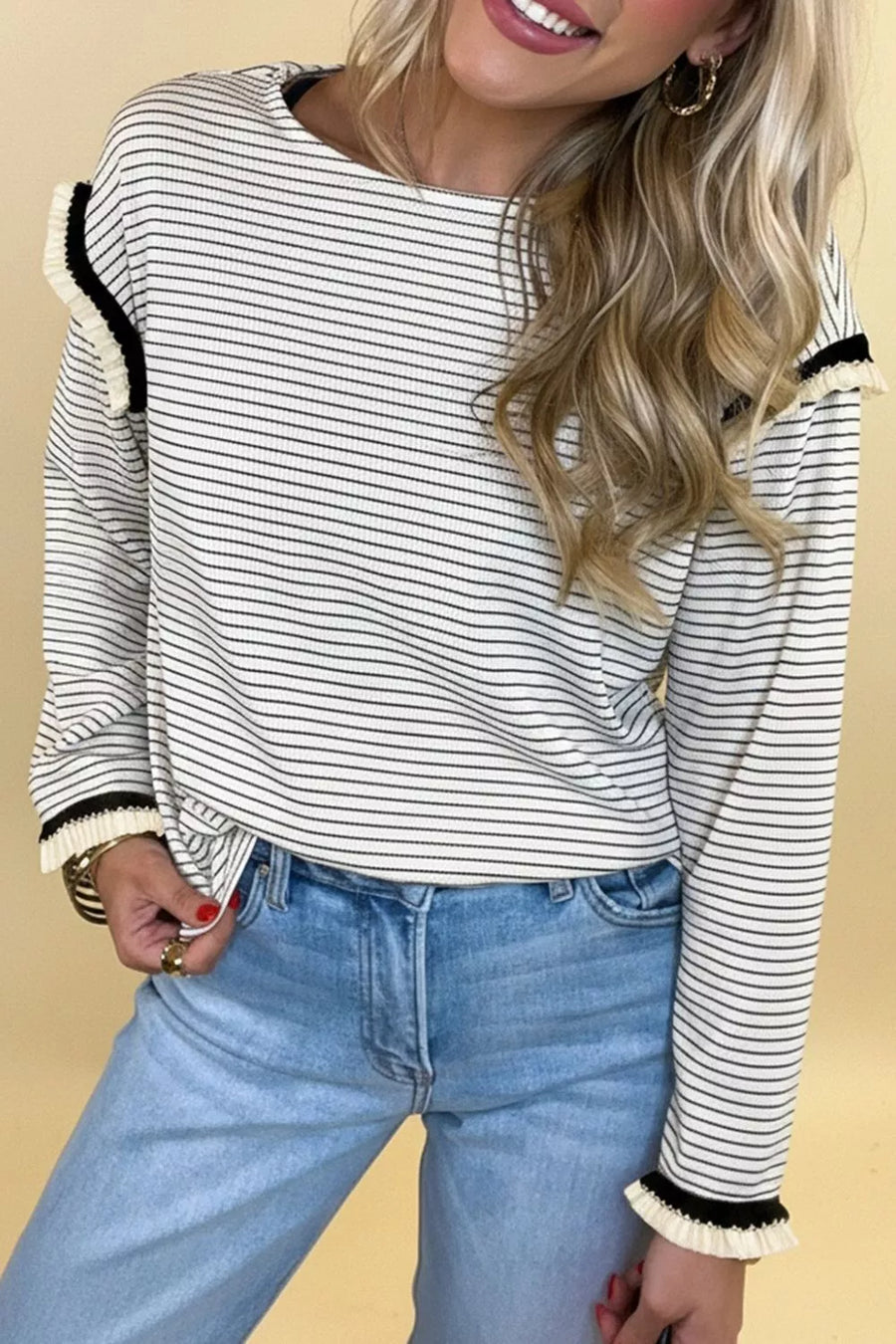 Stripe Contrasted Ruffle Trim Loose Long Sleeve Top option 6