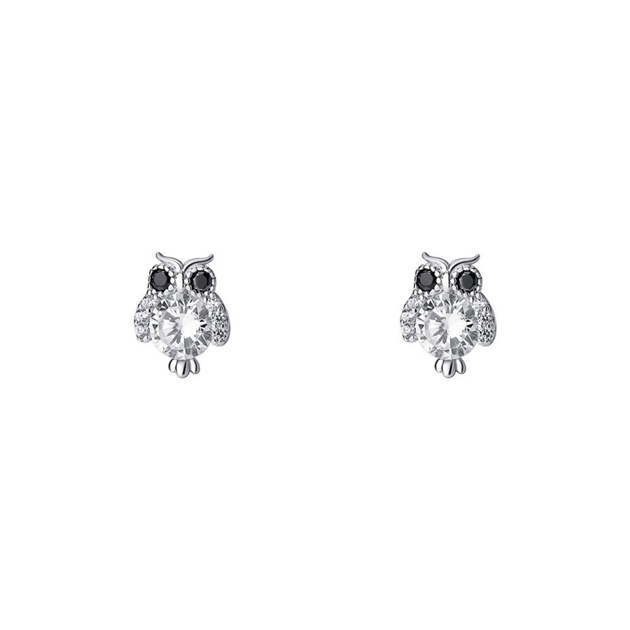 Sterling owl stud earrings with clear and black crystals