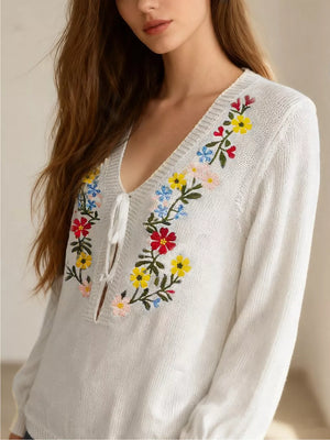 100% polyester Care instructions: Machine wash cold v-neck sweater in cream with regular silhouette