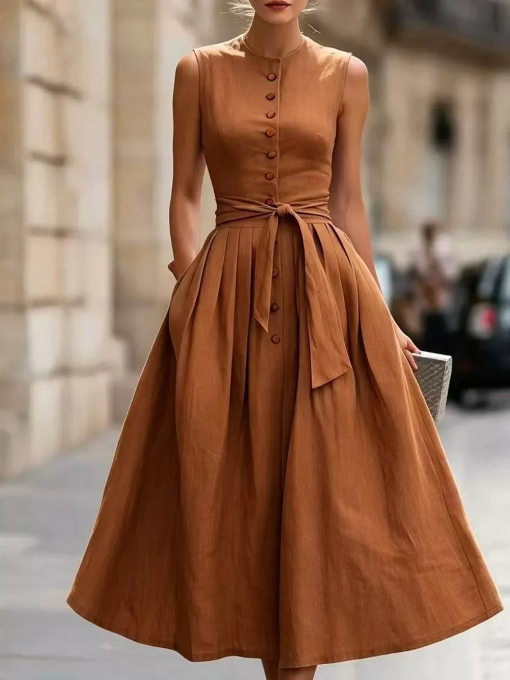 Caramel Color Sleeveless Button-front Belted Midi Dress Plus Size