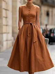Caramel Color Sleeveless Button-front Belted Midi Dress Plus Size