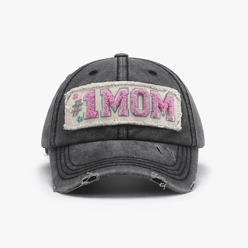 Gray distressed baseball cap with #1 MOM patch