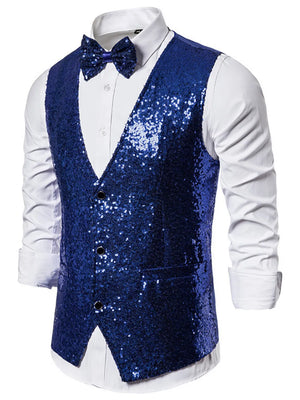Blue sequin men's vest with double-breasted closure and matching bow tie.