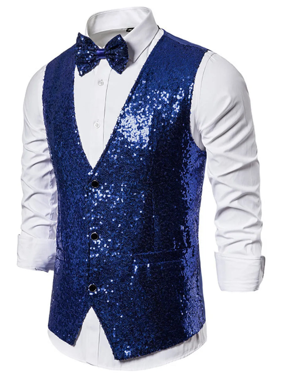 Blue sequin men's vest with double-breasted closure and matching bow tie.