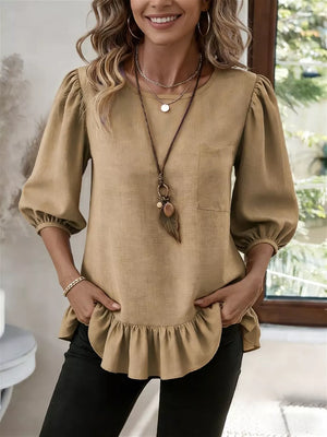 Casual Puff Sleeve Ruffle Hem Blouse in Apricot