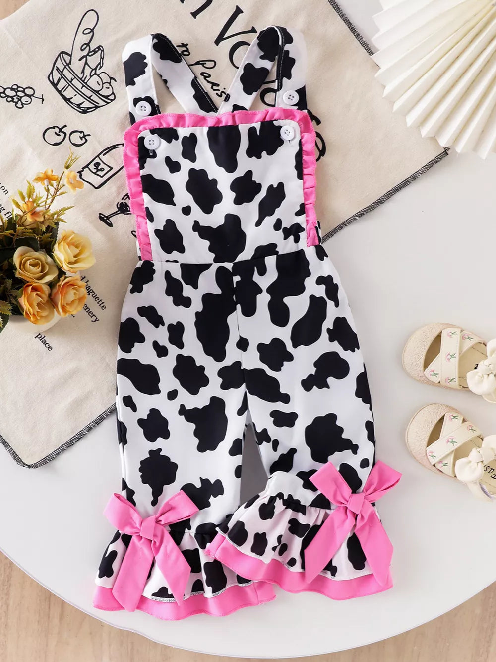 Black And White Children's Cow Print Ruffle Jumpsuit