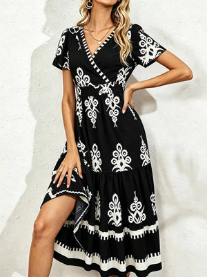 Black with Printed Surplice Short Sleeve Dress