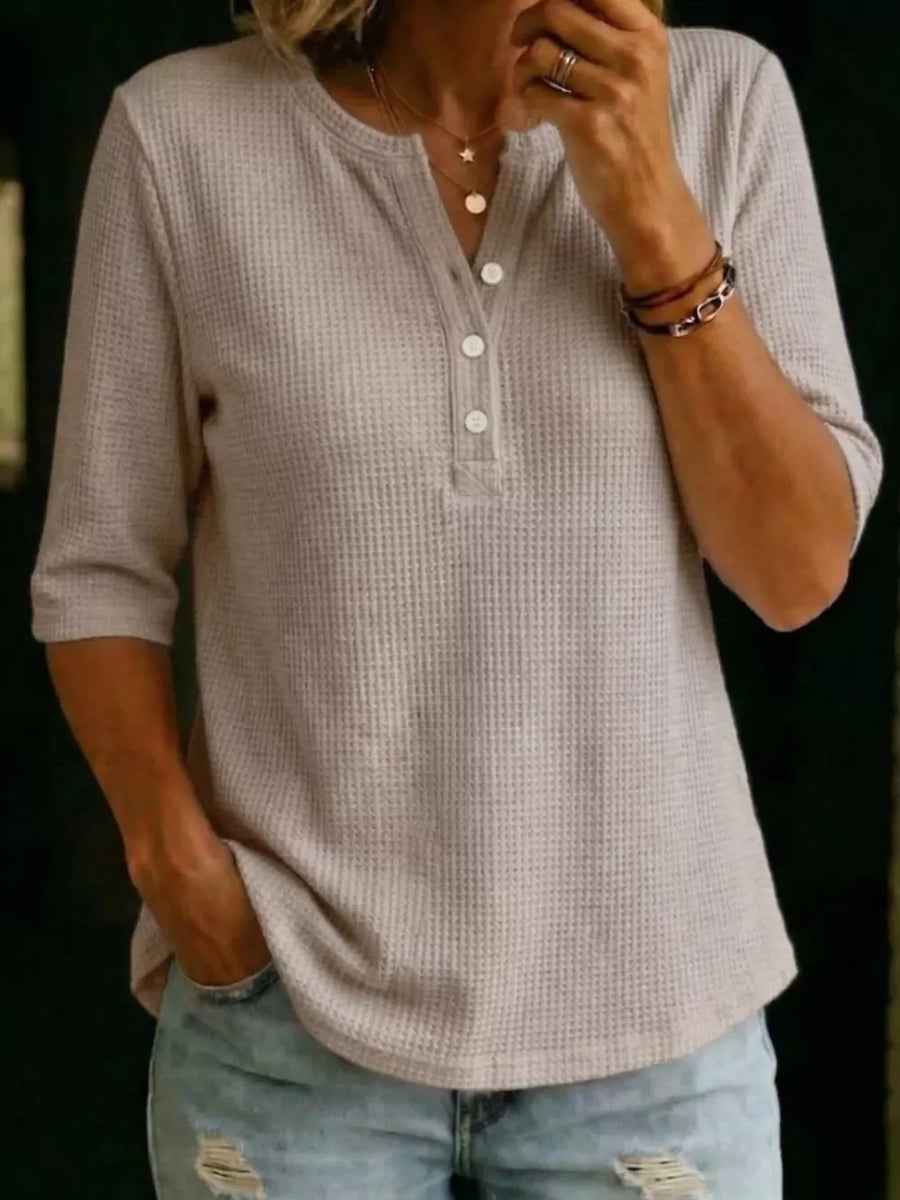 White Full Size Waffle Knit Henley T-shirt Plus Size