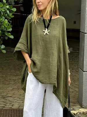 Khaki Full Size Loose Fit Asymmetrical Hem Top