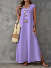 White loose maxi dress with v-neck