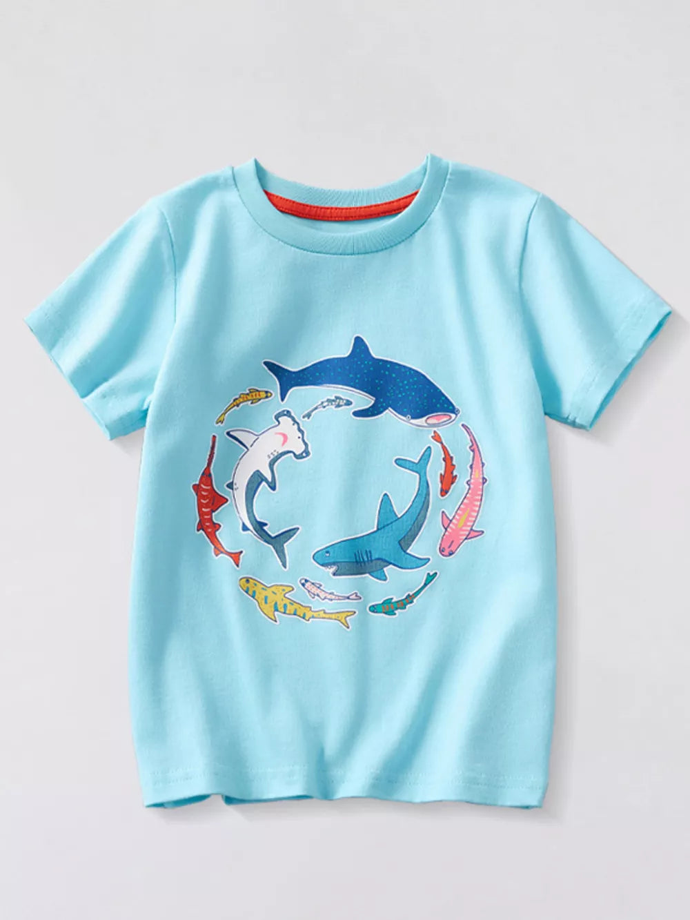 Light blue t-shirt with a circular shark and fish graphic, crew neck, short sleeves