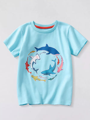 Light blue t-shirt with a circular shark and fish graphic, crew neck, short sleeves