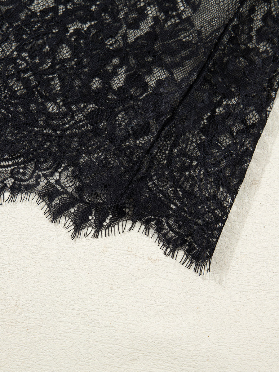 Black floral lace maxi dress detail with scalloped hem