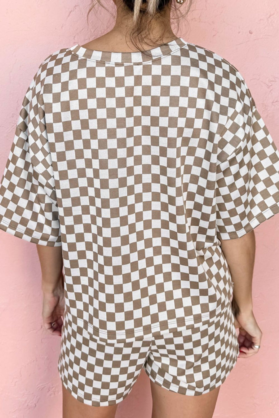 Checkered loungewear set in khaki and white, featuring a short-sleeve top and shorts.