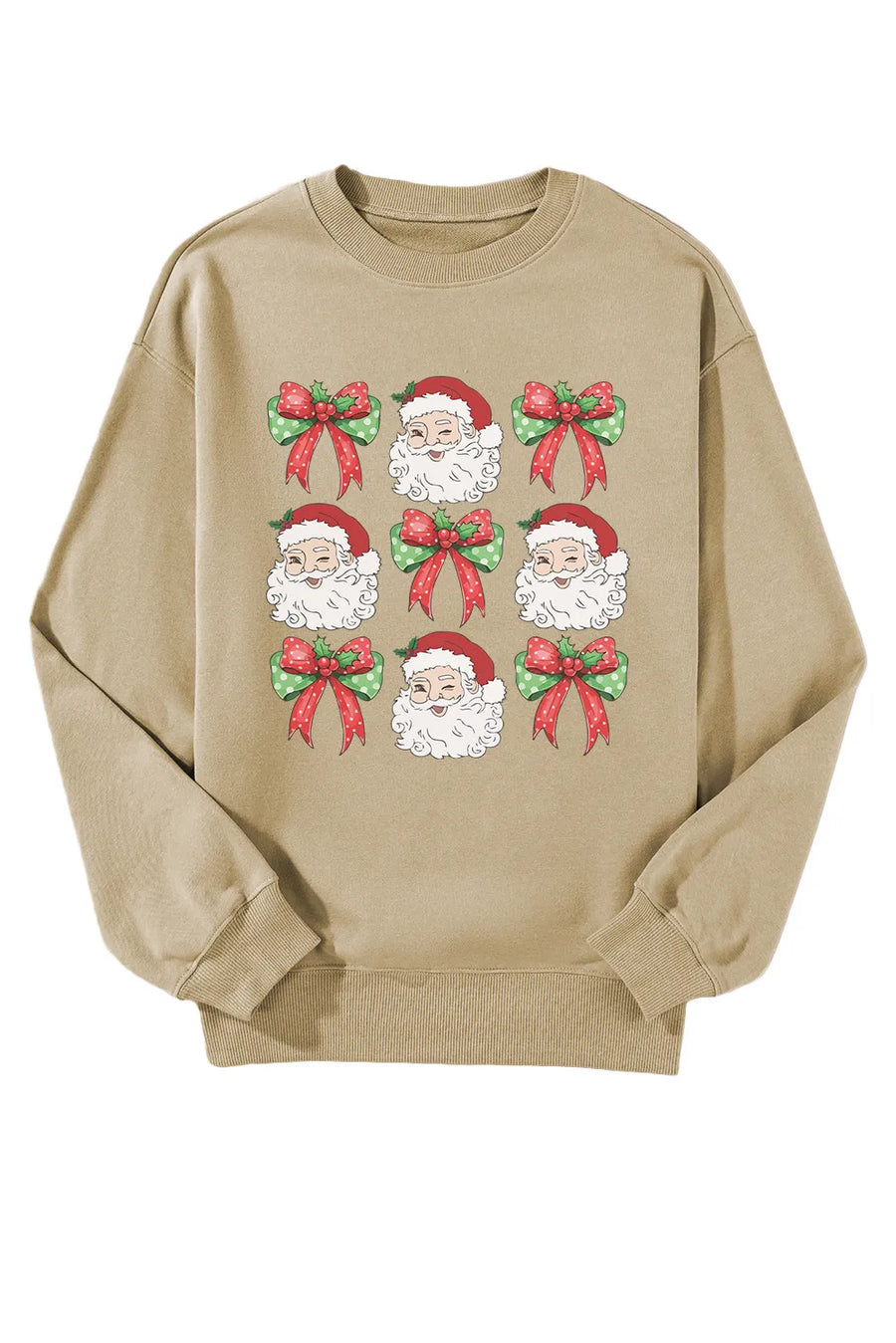 Khaki cotton crewneck sweatshirt with a grid pattern of Santa faces and festive bows.