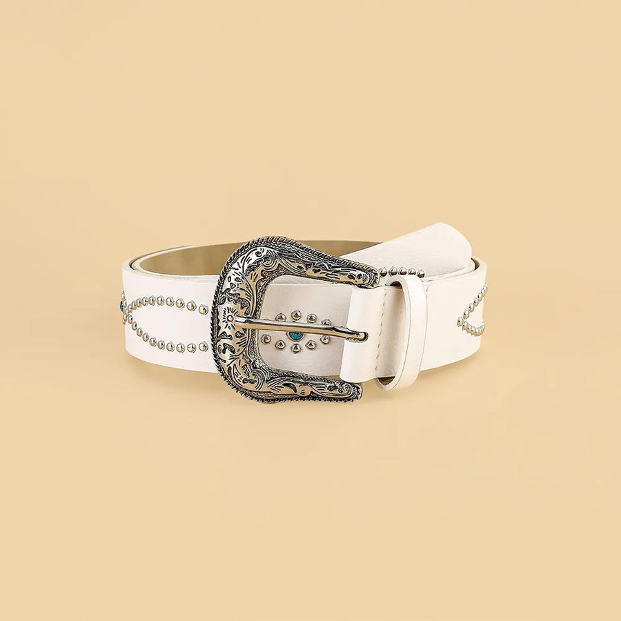 White faux leather belt with antique buckle and silver studs