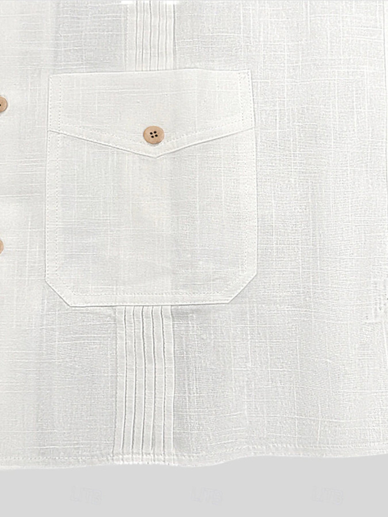 Men's white cotton blend button-up shirt with chest pocket and pintuck detail.