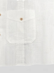 Men's white cotton blend button-up shirt with chest pocket and pintuck detail.