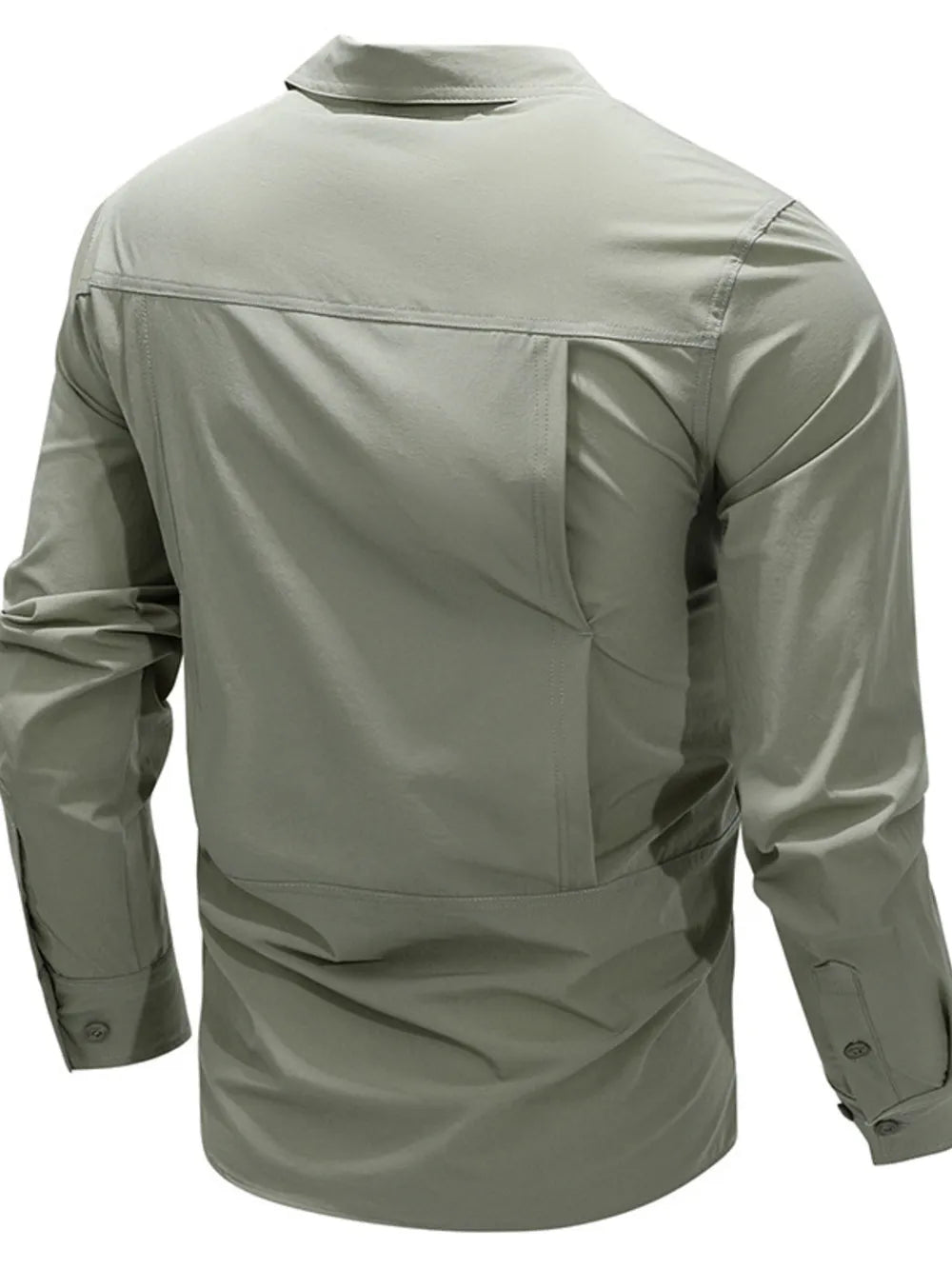 Bean green cotton overshirt with long sleeves and flap pocket detail on back.