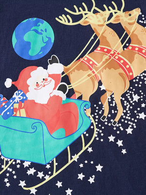 Dark navy long-sleeve tee with Santa in a sleigh pulled by reindeer, the Earth, and stars graphic.