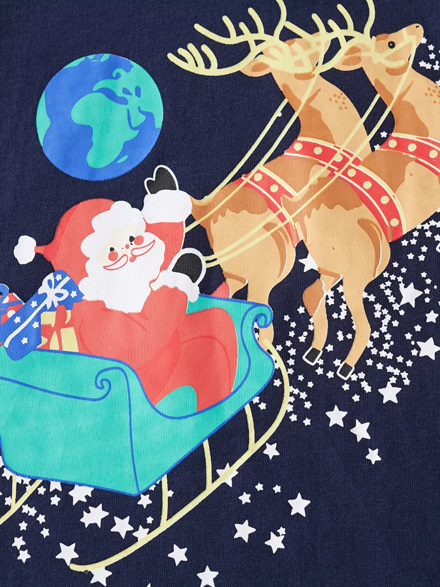 Dark navy long-sleeve tee with Santa in a sleigh pulled by reindeer, the Earth, and stars graphic.