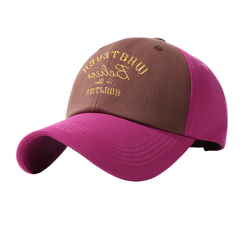 Embroidered two-tone baseball cap in brown and purple with gold text detail.