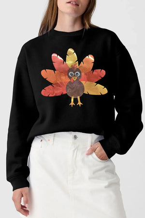 Black crewneck sweatshirt with a cartoon turkey graphic and colorful tail feathers.