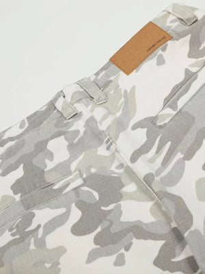 Camouflage wide-leg cargo pants with button fly and belt loops.