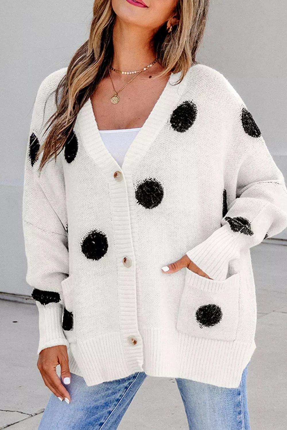 White Polka Dot Button Up Cardigan