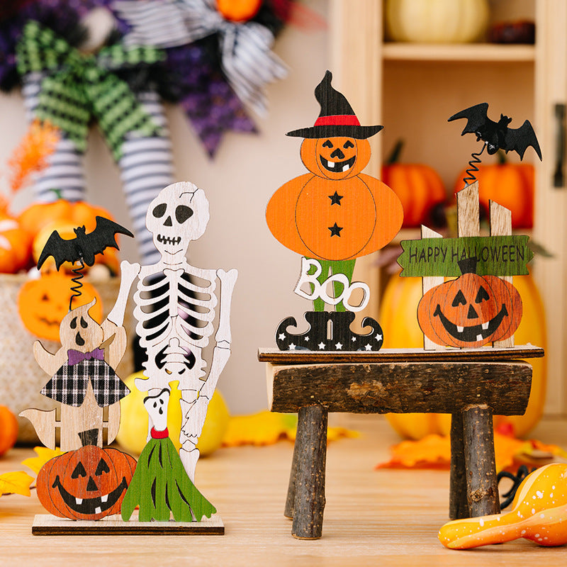 Spooky wooden Halloween scene set with skeleton, ghost, pumpkins, and bats.