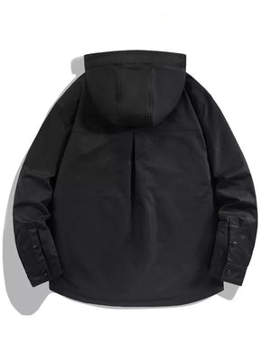 Black hooded jacket with snap-down detail and adjustable hood.