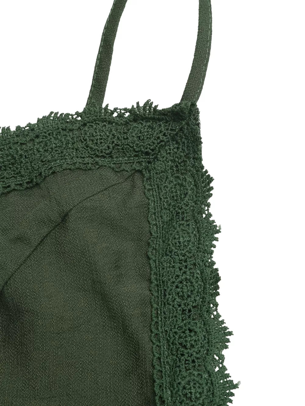 Green cotton blend maxi gown with lace trim and spaghetti straps.