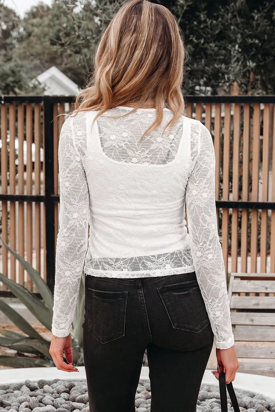 White with Long Sleeve Sheer Mesh Lace Top