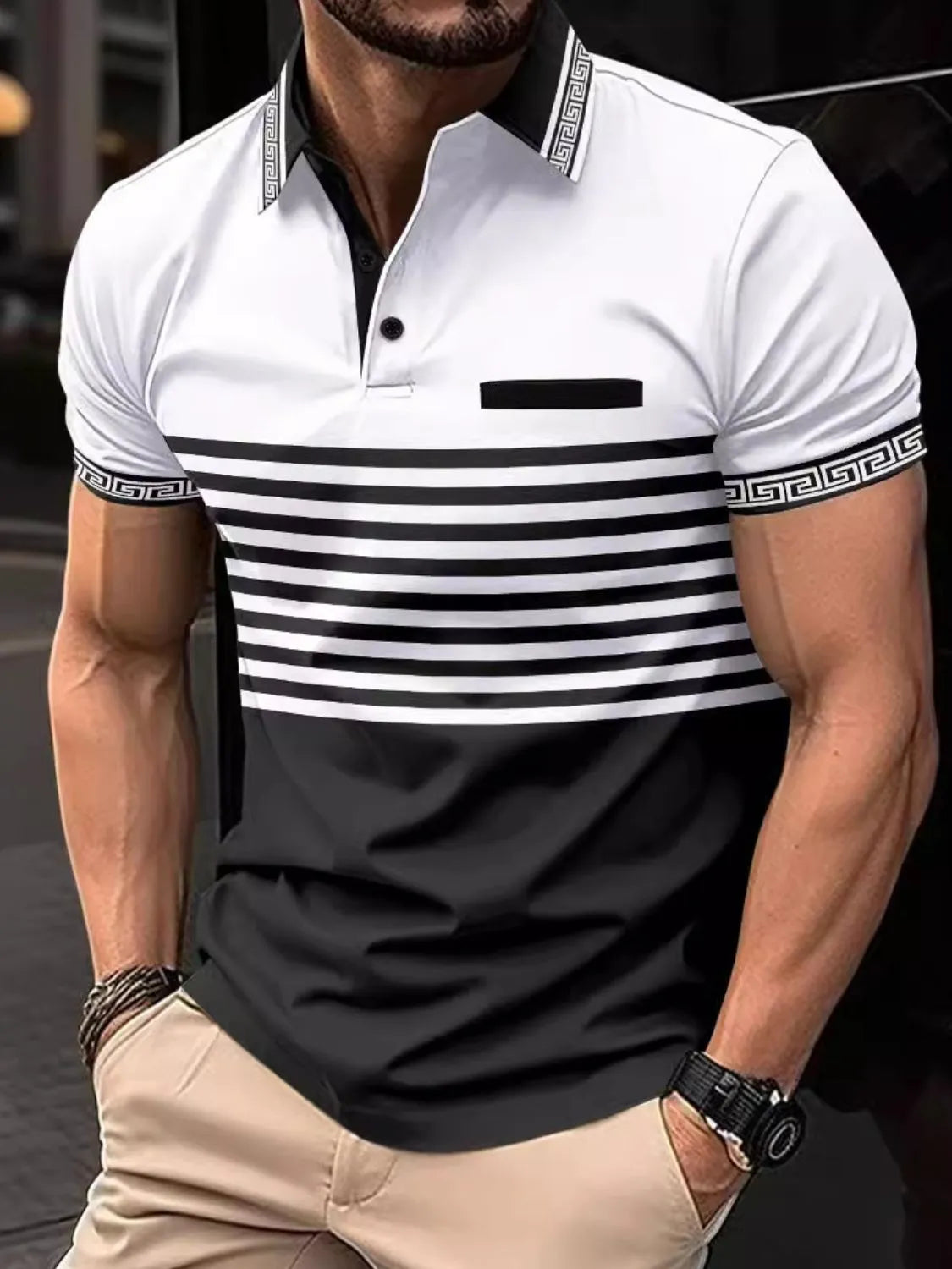 White polo shirt with black geometric trim and horizontal stripes