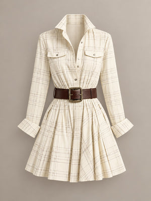 navy blue shirt dress featuring pocketed and plaid