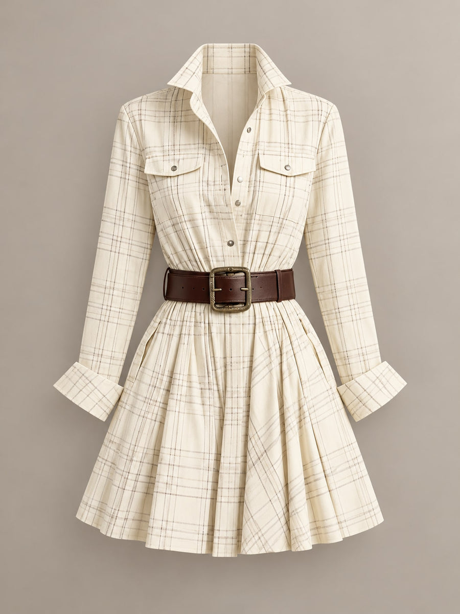 navy blue shirt dress featuring pocketed and plaid