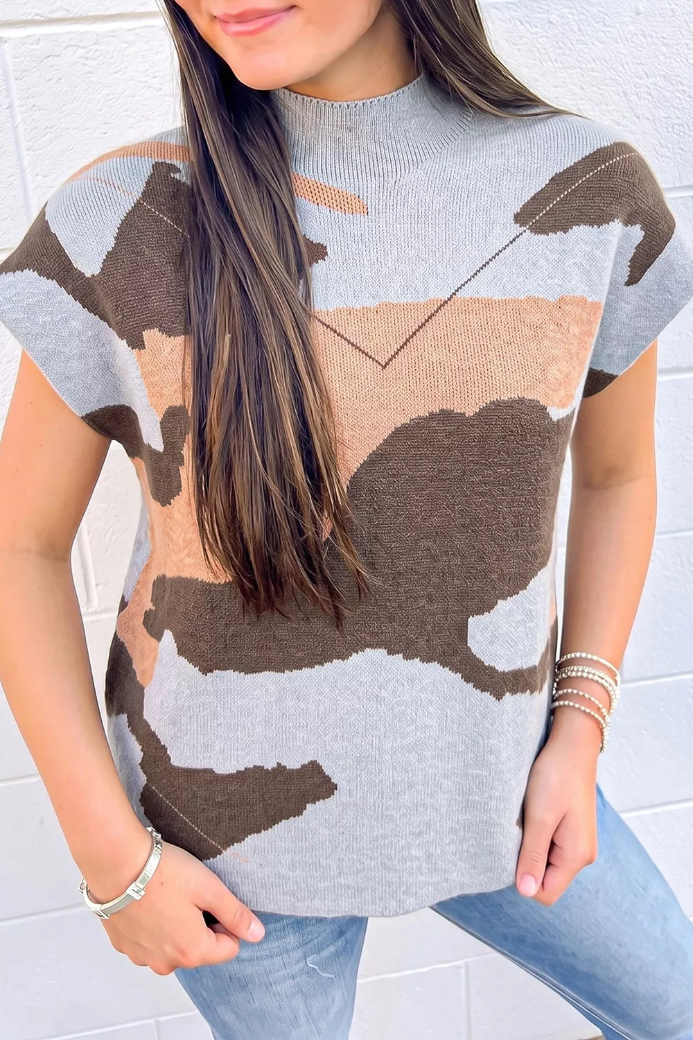 Gray Camouflage Drop Shoulder High Neck Sweater