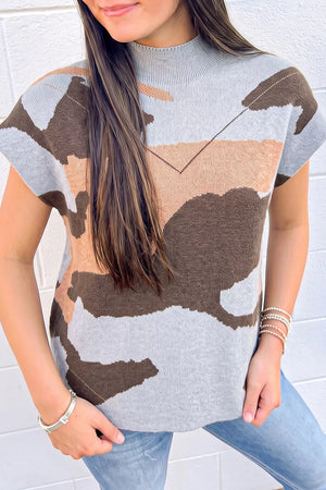 Gray Camouflage Drop Shoulder High Neck Sweater