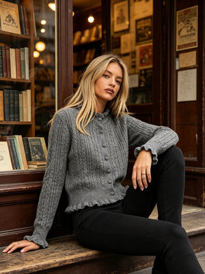 Wine Red cardigan with button-front and cable knit