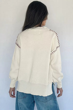 White with Drop Shoulder Game Day Letter Sweater in White