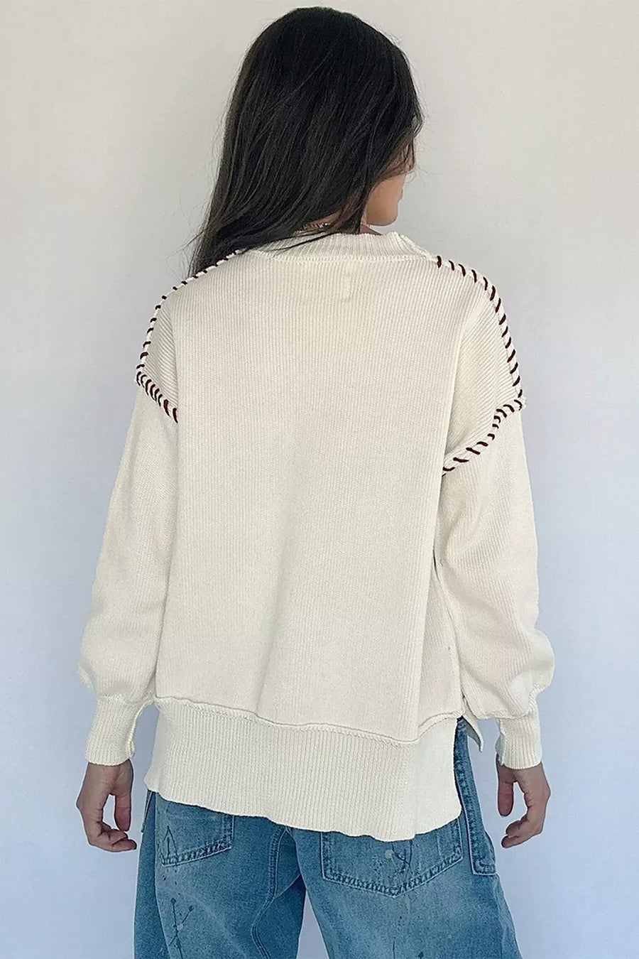 White with Drop Shoulder Game Day Letter Sweater in White