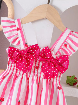 Pink with Children's Bow Ruffled Striped Top And Shorts Set in Pink