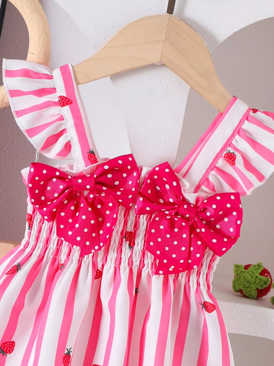 Pink with Children's Bow Ruffled Striped Top And Shorts Set in Pink
